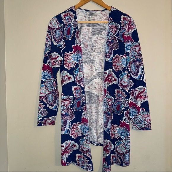 Chicos The Ultimate Tee Open Front Cardigan 00 XS Blue Pink Paisley Cotton Modal - Picture 1 of 5